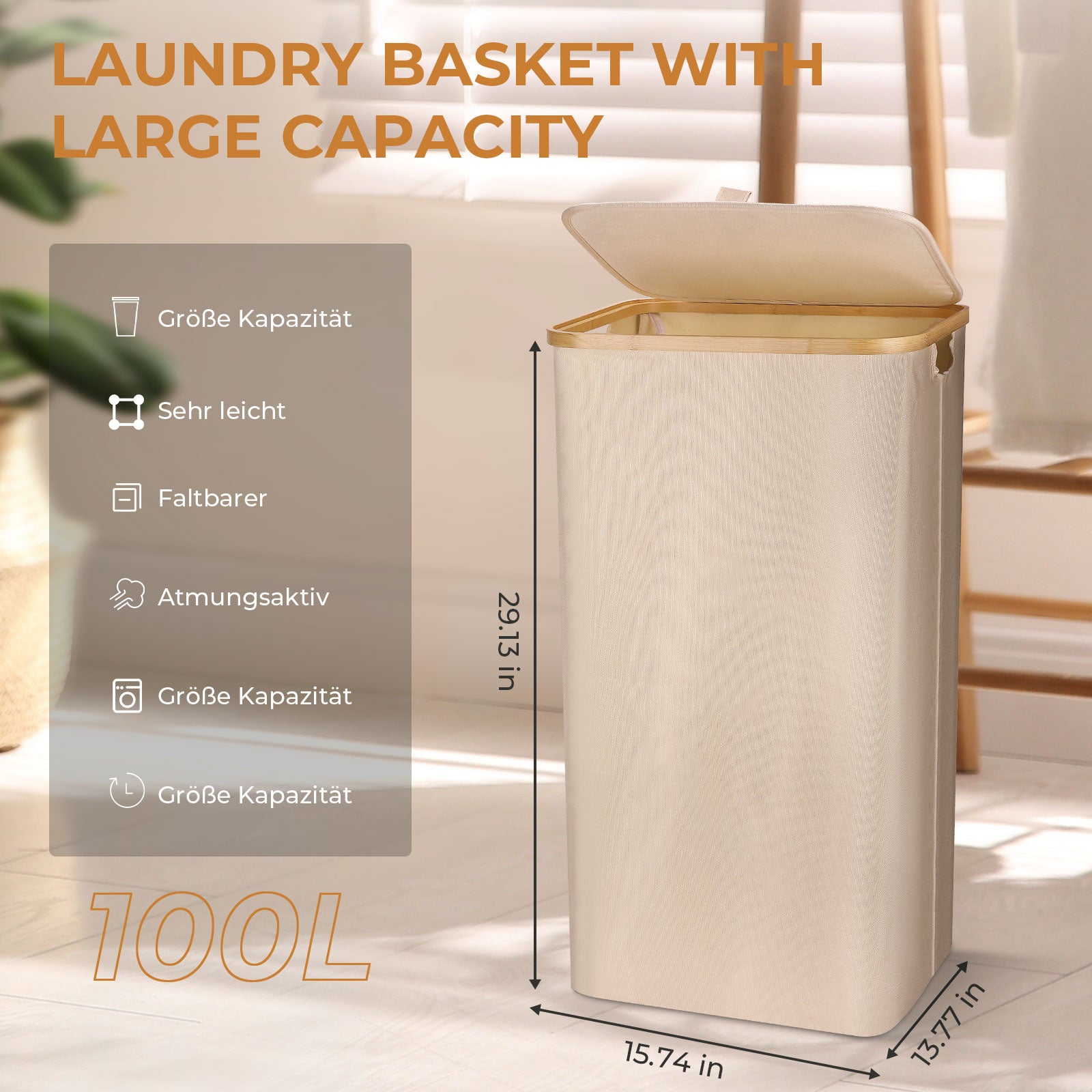  StorageWorks Large Laundry Hamper with Lid, 100L Tall Laundry  Basket with Bamboo Handles and 2 Removable Inner Bag, Collapsible Laundry  Hamper for Clothing, Toys, Towels, Beige, 1-Pack : Home & Kitchen